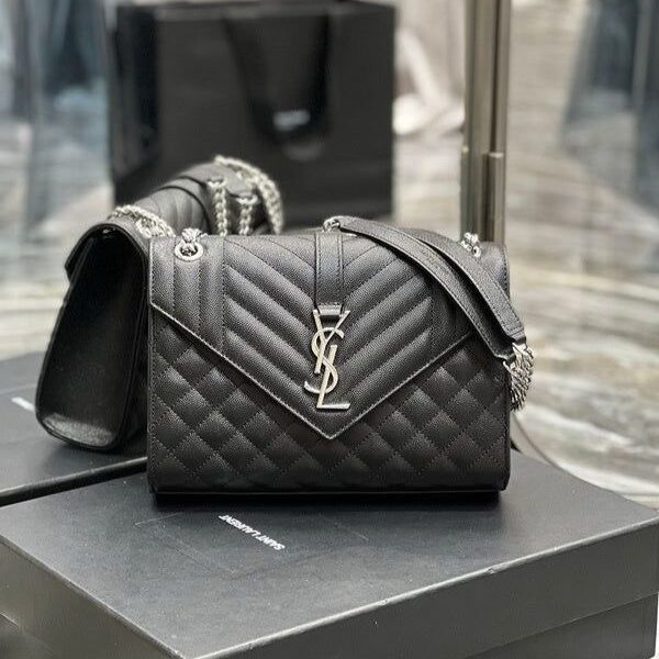 YSL Black Silver Medium Envelope Sling Bag