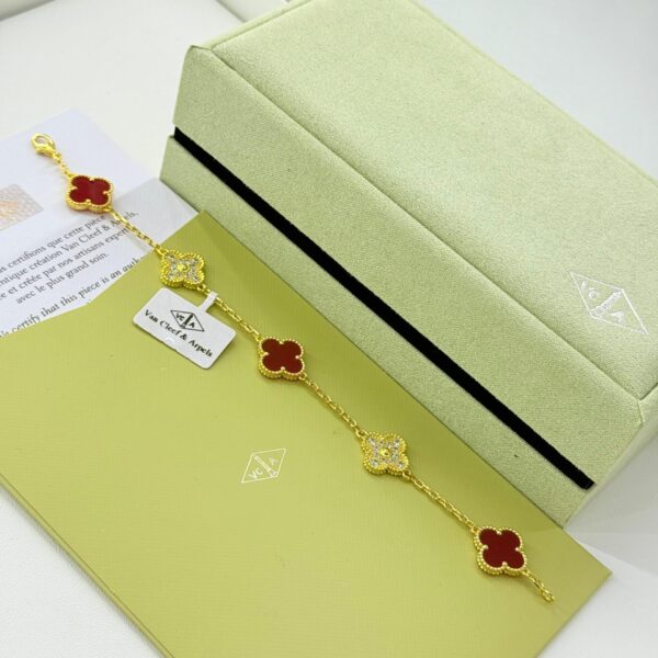 Van Cleef Alhambra Red White Stone Clover Gold Color Bracelet