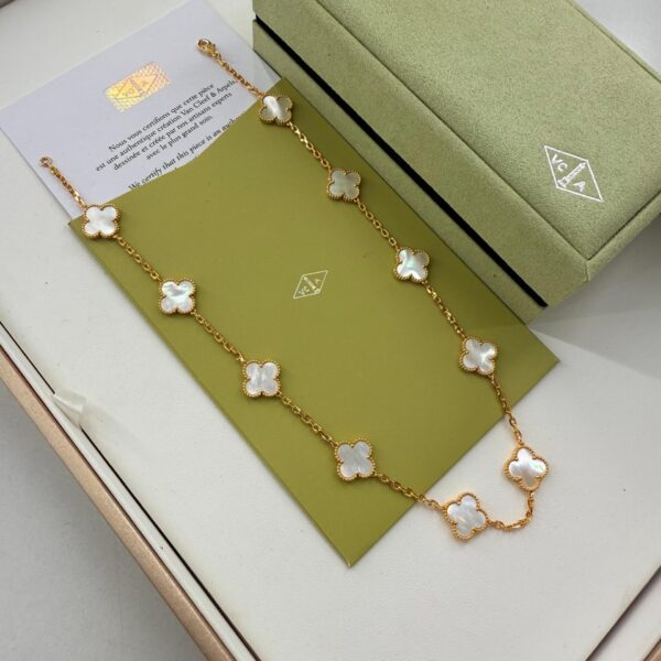 Van Cleef Alhambra White Marble Clover Gold Color Necklace